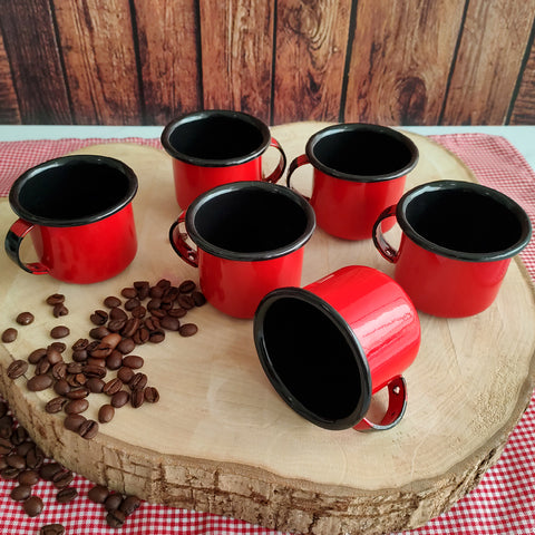 Jogo 6 Canecas Esmaltadas Pequenas Vermelhas Com Alças 90ml Xícaras Ágata Para Café