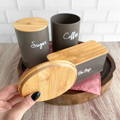 Lata Porta Condimentos Sugar Pote Para Açúcar Aço e Bambu Haus Concept Warm Gray