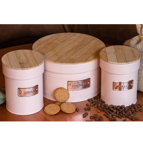 Jogo 3 Porta Condimentos Açúcar e Café 1L e Porta Biscoitos 3,50L Metal com Tampas de Bambu Yoi Rosa Jogo 3 Porta Condimentos Açúcar e Café 1L e Porta Biscoitos 3,50L Metal com Tampas de Bambu Yoi Rosa