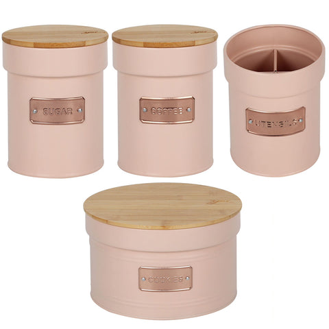 Conjunto 4 Latas Decorativas Sugar Coffee Biscuit Utensils em Metal com Tampas de Bambu Yoi Rosa Conjunto 4 Latas Decorativas Sugar Coffee Biscuit Utensils em Metal com Tampas de Bambu Yoi Rosa