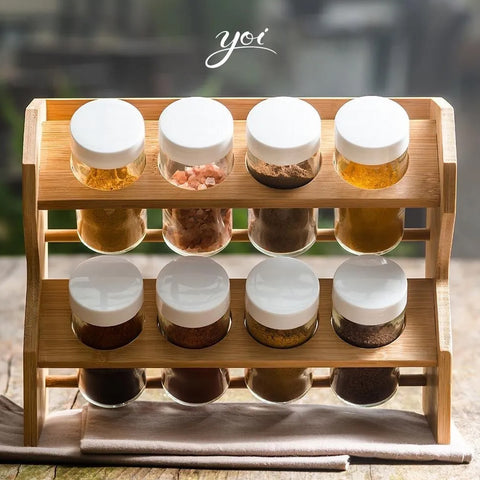 Porta Temperos com 8 Potes de Vidro Yoi Porta Condimentos Tyft Multiuso Bambu Natural Porta Temperos com 8 Potes de Vidro Yoi Porta Condimentos Tyft Multiuso Bambu Natural