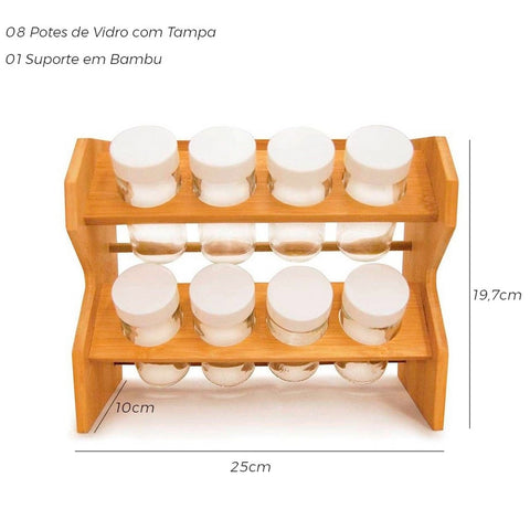 Porta Temperos com 8 Potes de Vidro Yoi Porta Condimentos Tyft Multiuso Bambu Natural Porta Temperos com 8 Potes de Vidro Yoi Porta Condimentos Tyft Multiuso Bambu Natural
