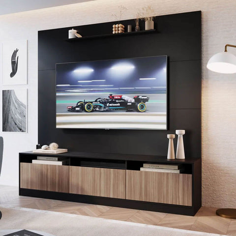 Rack com Estante Home e Painel para TV 180cm com 3 Portas e Prateleira ProDecor Preto Montana Rack com Estante Home e Painel para TV 180cm com 3 Portas e Prateleira ProDecor Preto Montana