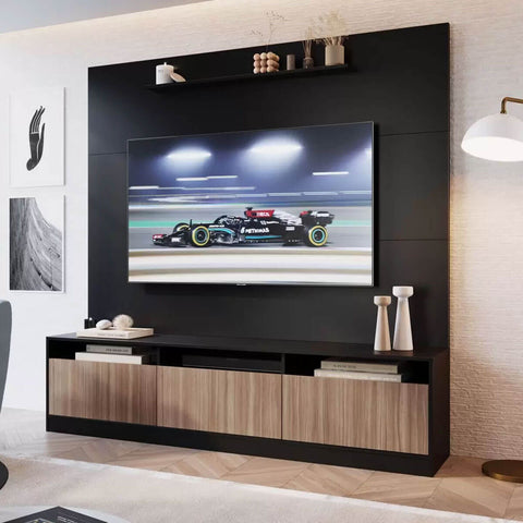 Painel para TV com Estante Home Rack 146cm com 3 Portas e Prateleira ProDecor Preto Montana Painel para TV com Estante Home Rack 146cm com 3 Portas e Prateleira ProDecor Preto Montana