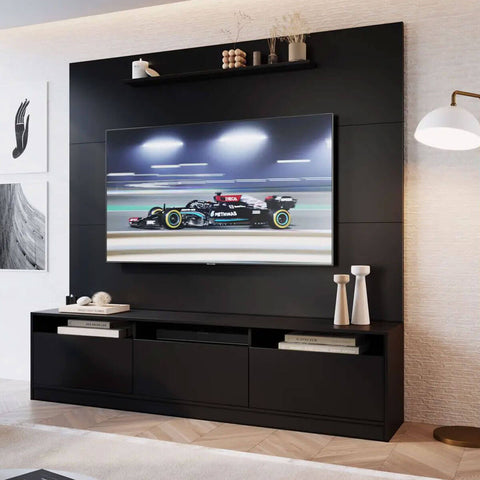 Rack de Parede Painel para TV 146cm Estante Home 3 Portas e Prateleira ProDecor Preto Rack de Parede Painel para TV 146cm Estante Home 3 Portas e Prateleira ProDecor Preto