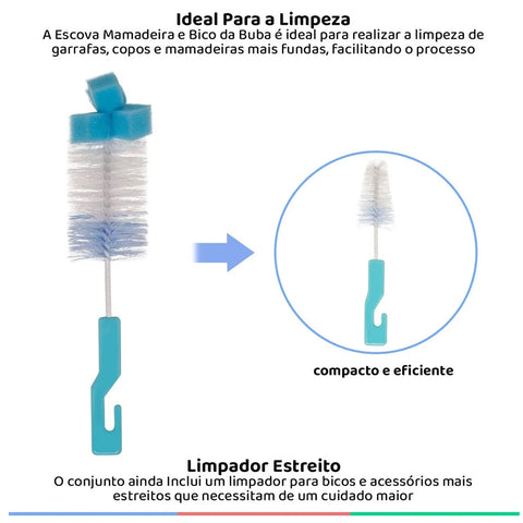 Kit Escova para Limpar Mamadeira com Esponja e Escova para Limpeza de Bico Buba Azul