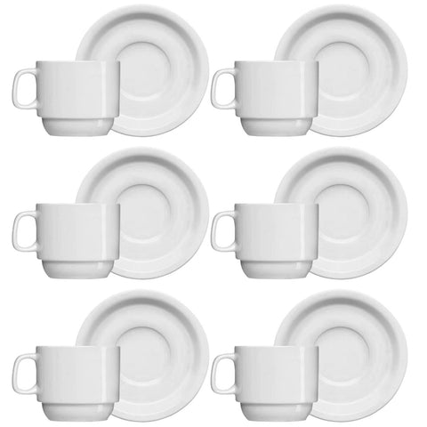 Jogo 6 Xícaras de Chá com Pires de Porcelana 215ml Classe Única Iguaçu Germer Branco