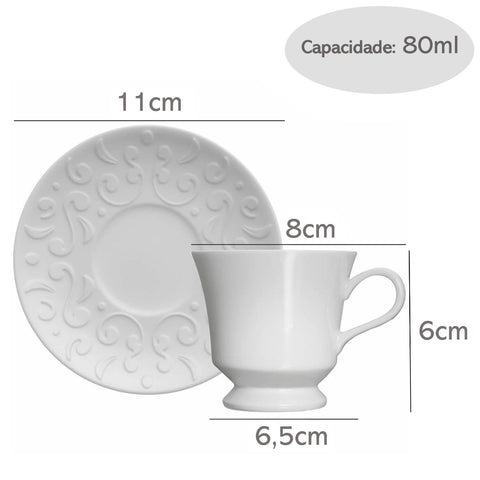 Xícara de Chá com Pires 80ml Porcelana em Relevo Tassel Germer Branco