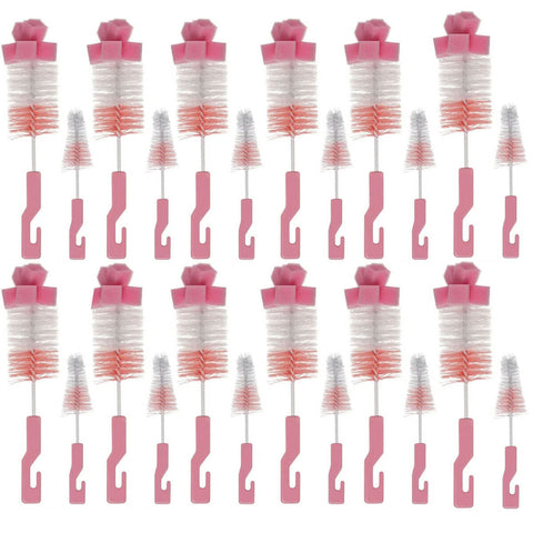 12 Kits de Escovas para Limpeza de Mamadeira e Bico Higienização Esponja Buba Rosa 