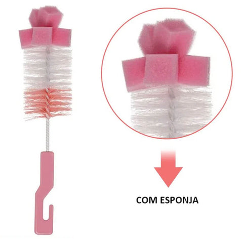 12 Kits de Escovas para Limpeza de Mamadeira e Bico Higienização Esponja Buba Rosa 
