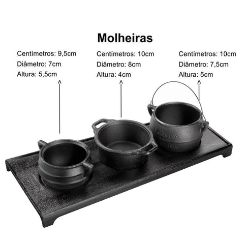 Kit Molheiras Panela Mineira 3 Miniaturas de Caldeirão Caçarola e Panela 100ml em Ferro Fundido