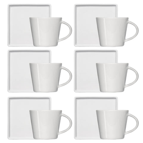 Jogo 6 Xícaras de Café 90ml em Porcelana com Píres Quadrado Branca Germer