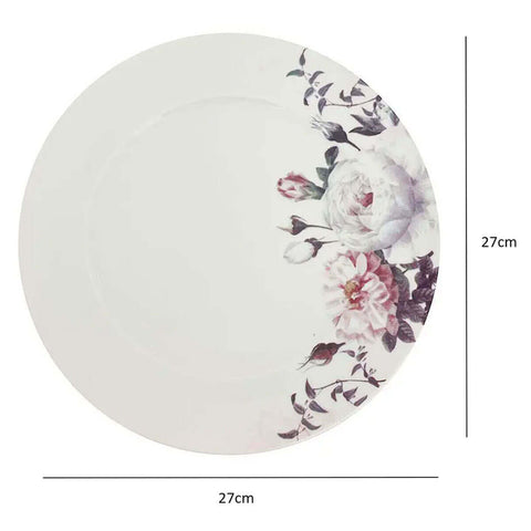 Prato Raso Branco de Porcelana Germer Redondo 27cm Garden com Estampa Floral