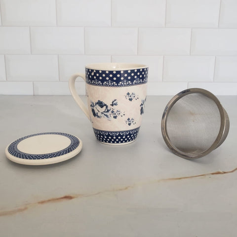 Xícara de Porcelana Elsa 310ml com Tampa e Filtro para Chá Lyor Azul e Branco