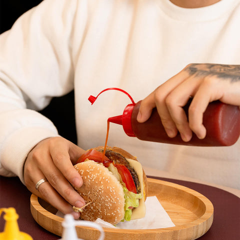 10 Bisnagas Plásticas Flexível para Lanchonetes Frascos de Molhos Ketchup Bico Vermelho