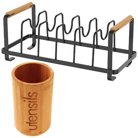 Kit Organizador para Tampas de Panela Aço Preto e Porta Talheres e Utensílios Bambu Yoi Kit Organizador para Tampas de Panela Aço Preto e Porta Talheres e Utensílios Bambu Yoi