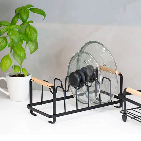Kit Organizador para Tampas de Panela Aço Preto e Porta Talheres e Utensílios Bambu Yoi Kit Organizador para Tampas de Panela Aço Preto e Porta Talheres e Utensílios Bambu Yoi