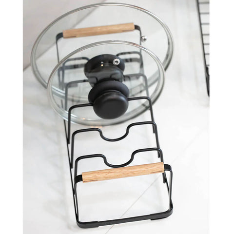 Kit Organizador para Tampas de Panela Aço Preto e Porta Talheres e Utensílios Bambu Yoi Kit Organizador para Tampas de Panela Aço Preto e Porta Talheres e Utensílios Bambu Yoi