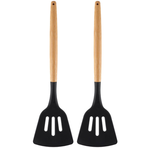 Kit 2 Espátulas Vazada De Silicone Preto Com Cabo De Bambu Utensílio De Cozinha Espátula Reta Yoi Kit 2 Espátulas Vazada De Silicone Preto Com Cabo De Bambu Utensílio De Cozinha Espátula Reta Yoi