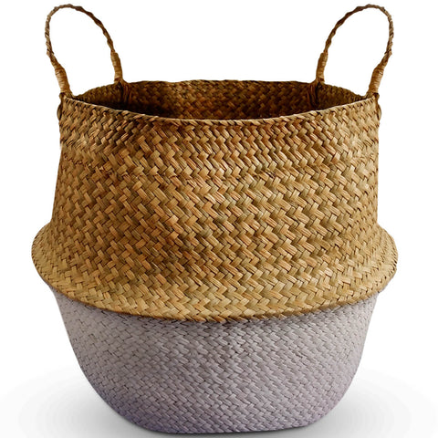 Cesto Origin Pequeno Com Alças Laterais Yoi Cesto Trançado Seagrass Natural E Branco Cesto Origin Pequeno Com Alças Laterais Yoi Cesto Trançado Seagrass Natural E Branco