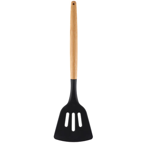 Espátula Vazada De Silicone Preto Com Cabo De Bambu Utensílio De Cozinha Espátula Reta Yoi Espátula Vazada De Silicone Preto Com Cabo De Bambu Utensílio De Cozinha Espátula Reta Yoi