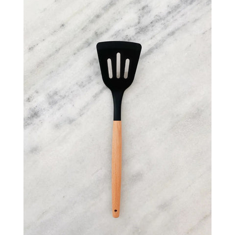 Espátula Vazada De Silicone Preto Com Cabo De Bambu Utensílio De Cozinha Espátula Reta Yoi Espátula Vazada De Silicone Preto Com Cabo De Bambu Utensílio De Cozinha Espátula Reta Yoi