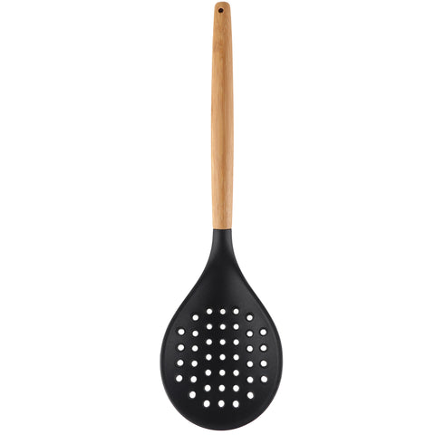 Escumadeira De Silicone Preto Com Cabo De Bambu Utensílio De Cozinha Escumadeira Perfurada Yoi Escumadeira De Silicone Preto Com Cabo De Bambu Utensílio De Cozinha Escumadeira Perfurada Yoi
