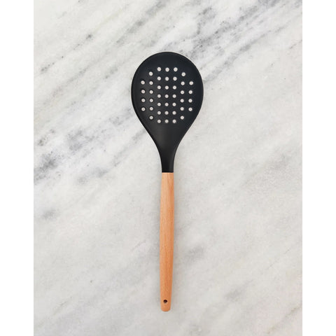 Escumadeira De Silicone Preto Com Cabo De Bambu Utensílio De Cozinha Escumadeira Perfurada Yoi Escumadeira De Silicone Preto Com Cabo De Bambu Utensílio De Cozinha Escumadeira Perfurada Yoi