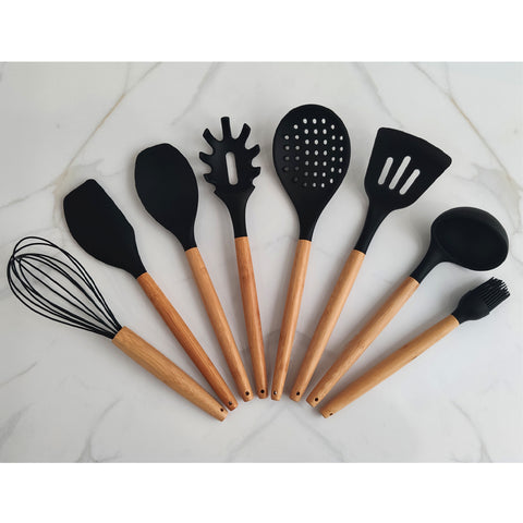Escumadeira De Silicone Preto Com Cabo De Bambu Utensílio De Cozinha Escumadeira Perfurada Yoi Escumadeira De Silicone Preto Com Cabo De Bambu Utensílio De Cozinha Escumadeira Perfurada Yoi