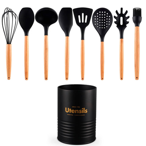 Jogo 8 Talheres De Silicone Com Cabos Em Bambu E 1 Lata Porta Utensílios De Cozinha Preto Yoi Jogo 8 Talheres De Silicone Com Cabos Em Bambu E 1 Lata Porta Utensílios De Cozinha Preto Yoi