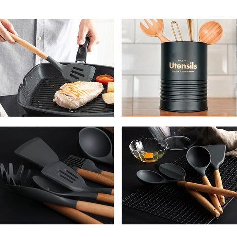 Jogo 8 Talheres De Silicone Com Cabos Em Bambu E 1 Lata Porta Utensílios De Cozinha Preto Yoi Jogo 8 Talheres De Silicone Com Cabos Em Bambu E 1 Lata Porta Utensílios De Cozinha Preto Yoi
