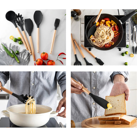 Jogo 8 Talheres De Silicone Com Cabos Em Bambu E 1 Lata Porta Utensílios De Cozinha Preto Yoi Jogo 8 Talheres De Silicone Com Cabos Em Bambu E 1 Lata Porta Utensílios De Cozinha Preto Yoi