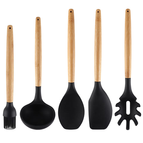 Jogo 5 Talheres De Silicone Com Cabos Em Bambu Concha Espátula Colher Pegador De Massa E Pincel Yoi Jogo 5 Talheres De Silicone Com Cabos Em Bambu Concha Espátula Colher Pegador De Massa E Pincel Yoi