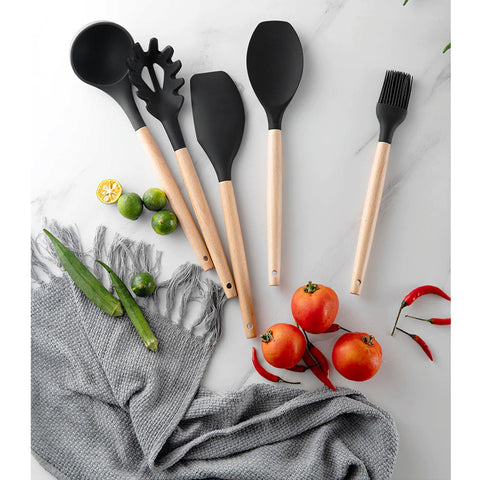 Jogo 5 Talheres De Silicone Com Cabos Em Bambu Concha Espátula Colher Pegador De Massa E Pincel Yoi Jogo 5 Talheres De Silicone Com Cabos Em Bambu Concha Espátula Colher Pegador De Massa E Pincel Yoi