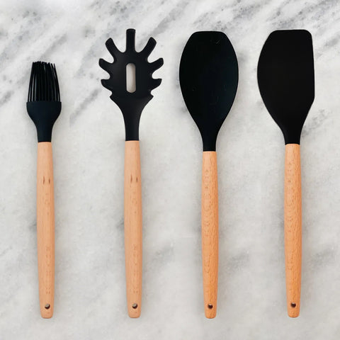 Jogo 5 Talheres De Silicone Com Cabos Em Bambu Concha Espátula Colher Pegador De Massa E Pincel Yoi Jogo 5 Talheres De Silicone Com Cabos Em Bambu Concha Espátula Colher Pegador De Massa E Pincel Yoi