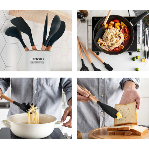 Jogo 5 Talheres De Silicone Com Cabos Em Bambu Concha Espátula Colher Pegador De Massa E Pincel Yoi Jogo 5 Talheres De Silicone Com Cabos Em Bambu Concha Espátula Colher Pegador De Massa E Pincel Yoi