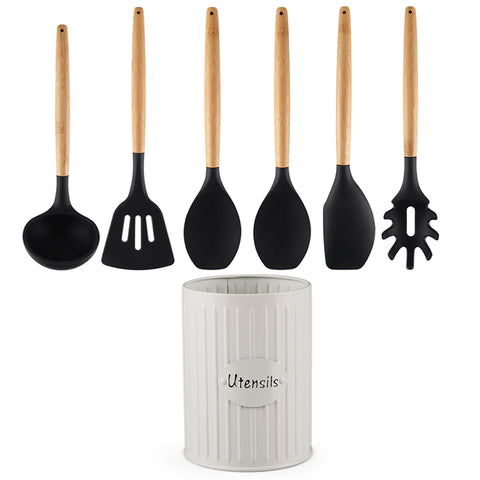 Jogo 6 Talheres De Silicone Com Cabos Em Bambu 1 Lata Branca Porta Utensílios De Cozinha Yoi Jogo 6 Talheres De Silicone Com Cabos Em Bambu 1 Lata Branca Porta Utensílios De Cozinha Yoi