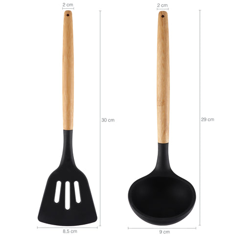 Jogo 6 Talheres De Silicone Com Cabos Em Bambu 1 Lata Branca Porta Utensílios De Cozinha Yoi Jogo 6 Talheres De Silicone Com Cabos Em Bambu 1 Lata Branca Porta Utensílios De Cozinha Yoi