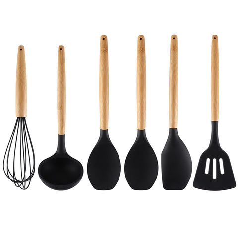 Jogo 6 Talheres De Silicone Pretos Com Cabos Em Bambu Concha Espátulas Colheres E Fouet Yoi Jogo 6 Talheres De Silicone Pretos Com Cabos Em Bambu Concha Espátulas Colheres E Fouet Yoi
