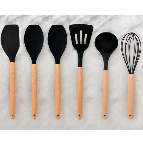 Jogo 6 Talheres De Silicone Pretos Com Cabos Em Bambu Concha Espátulas Colheres E Fouet Yoi Jogo 6 Talheres De Silicone Pretos Com Cabos Em Bambu Concha Espátulas Colheres E Fouet Yoi