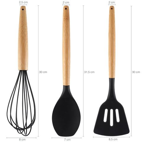 Jogo 6 Talheres De Silicone Pretos Com Cabos Em Bambu Concha Espátulas Colheres E Fouet Yoi Jogo 6 Talheres De Silicone Pretos Com Cabos Em Bambu Concha Espátulas Colheres E Fouet Yoi