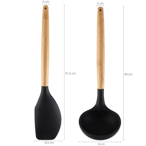 Jogo 6 Talheres De Silicone Pretos Com Cabos Em Bambu Concha Espátulas Colheres E Fouet Yoi Jogo 6 Talheres De Silicone Pretos Com Cabos Em Bambu Concha Espátulas Colheres E Fouet Yoi