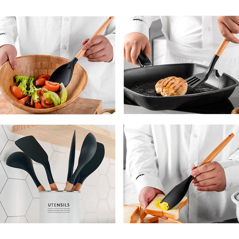 Jogo 6 Talheres De Silicone Pretos Com Cabos Em Bambu Concha Espátulas Colheres E Fouet Yoi Jogo 6 Talheres De Silicone Pretos Com Cabos Em Bambu Concha Espátulas Colheres E Fouet Yoi