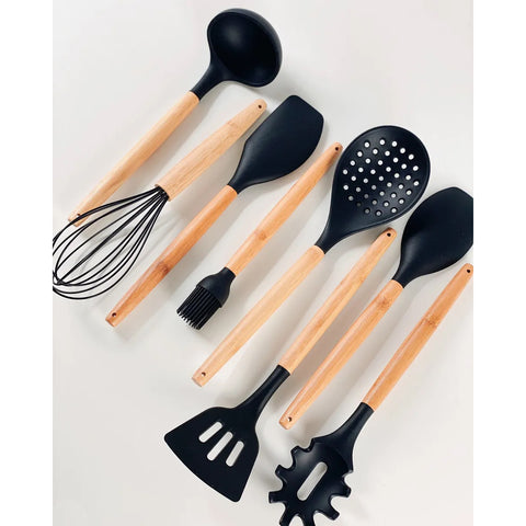 Conjunto 8 Talheres De Silicone Preto Com Cabo De Bambu Jogo De Utensílios Cozinha Yoi Conjunto 8 Talheres De Silicone Preto Com Cabo De Bambu Jogo De Utensílios Cozinha Yoi