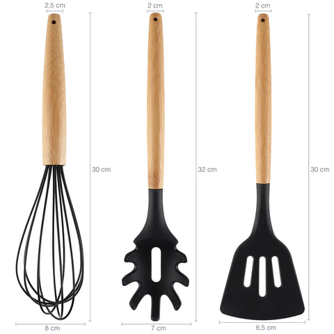 Conjunto 8 Talheres De Silicone Preto Com Cabo De Bambu Jogo De Utensílios Cozinha Yoi Conjunto 8 Talheres De Silicone Preto Com Cabo De Bambu Jogo De Utensílios Cozinha Yoi