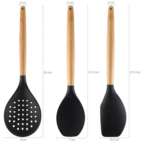 Conjunto 8 Talheres De Silicone Preto Com Cabo De Bambu Jogo De Utensílios Cozinha Yoi Conjunto 8 Talheres De Silicone Preto Com Cabo De Bambu Jogo De Utensílios Cozinha Yoi