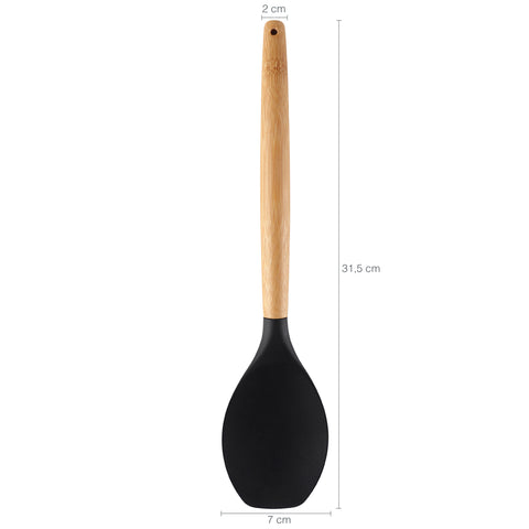 Colher De Silicone Preto Com Cabo De Bambu Utensílio De Cozinha Colher De Arroz Yoi Colher De Silicone Preto Com Cabo De Bambu Utensílio De Cozinha Colher De Arroz Yoi