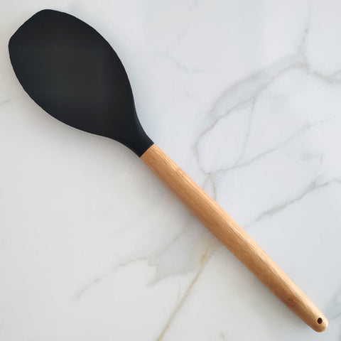 Colher De Silicone Preto Com Cabo De Bambu Utensílio De Cozinha Colher De Arroz Yoi Colher De Silicone Preto Com Cabo De Bambu Utensílio De Cozinha Colher De Arroz Yoi