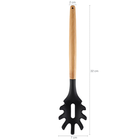 Pegador De Massa De Silicone Preto Com Cabo De Bambu Utensílio De Cozinha Pegador Concha Yoi Pegador De Massa De Silicone Preto Com Cabo De Bambu Utensílio De Cozinha Pegador Concha Yoi