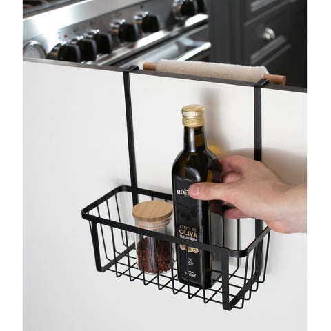 Suporte Organizador Para Porta De Armário De Aço Carbono Preto E Porta Pano Em Madeira Yoi Suporte Organizador Para Porta De Armário De Aço Carbono Preto E Porta Pano Em Madeira Yoi